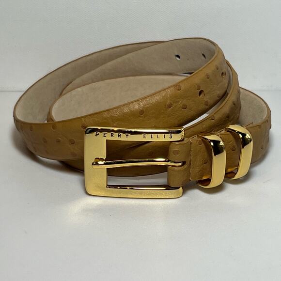 Perry Ellis Size Large Brown Leather Ostrich Belt Gold Logo Hardware - Picture 1 of 11